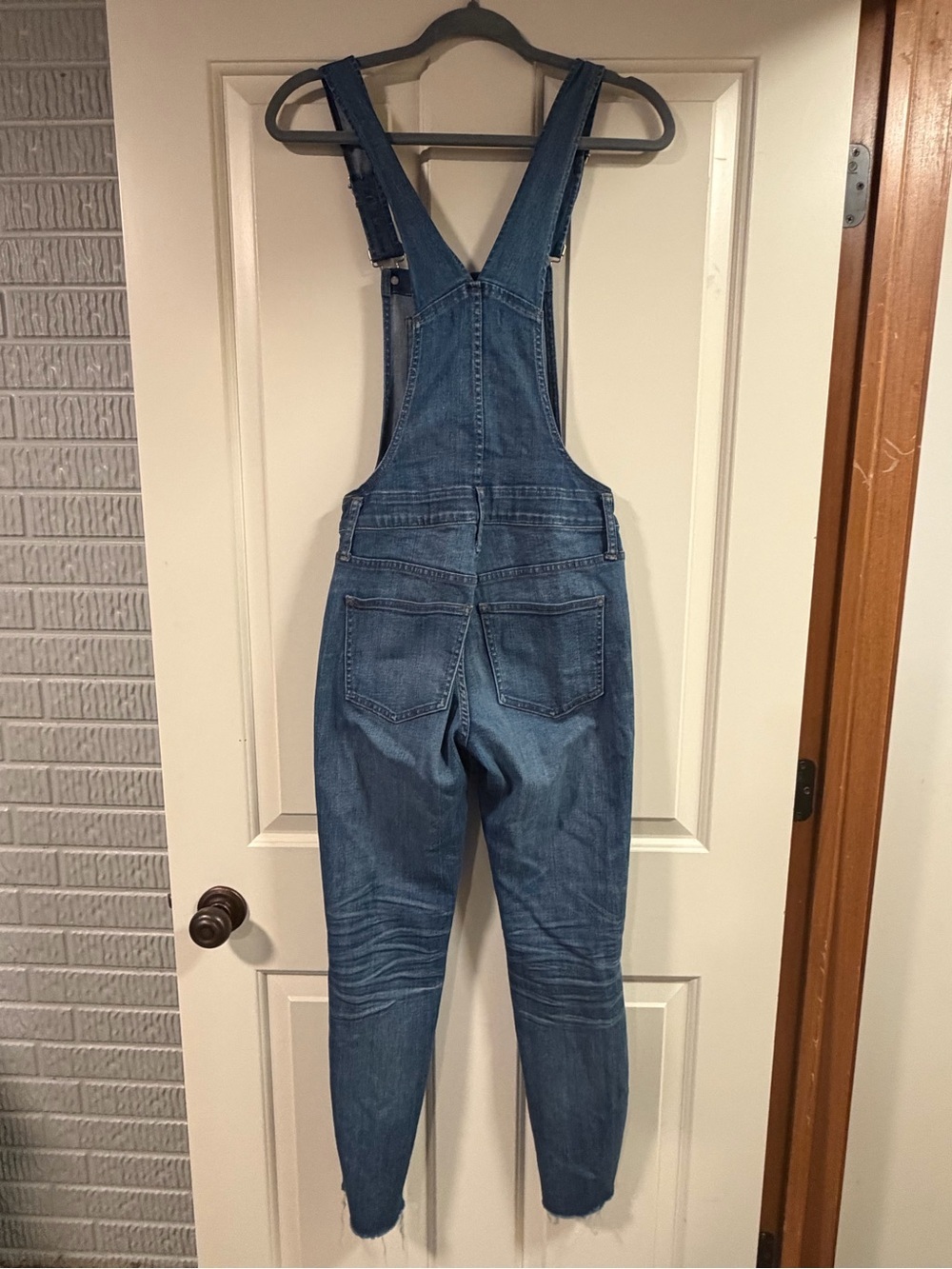 Madewell Skinny Denim Overalls XS Raw Hem Adjustable Strap Crop Jeans - Picture 5 of 6